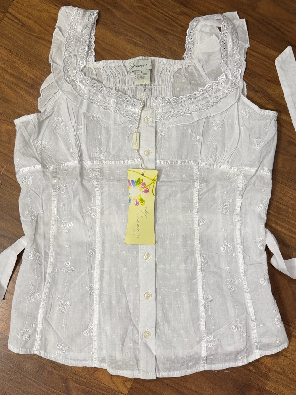 Y2K Summer Lips White Lace-Trim Embroidered Button-Front Blouse Size M